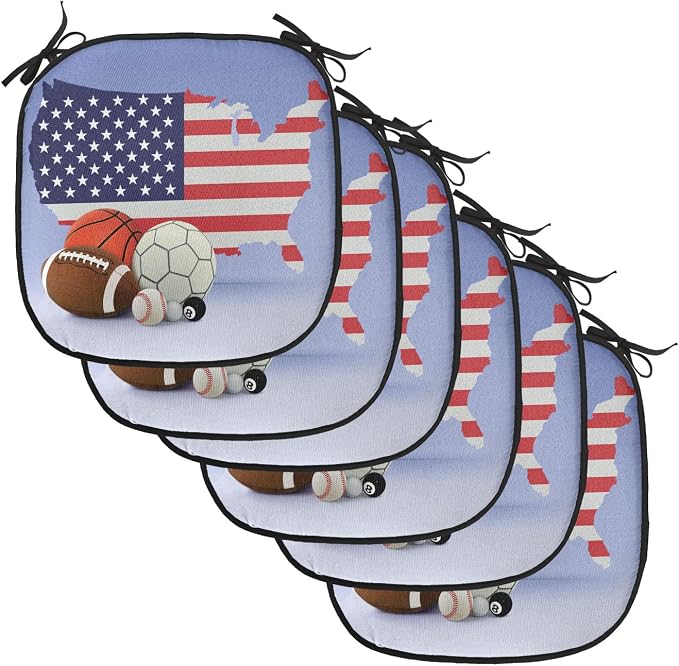 Lunarable Americana Chair Cushion Pads Set of 6, American Map and Sport Balls Basketball Football Competition Matches, Anti-Slip Seat Padding for Kitchen & Patio, 16"x16", Purple Grey Multicolor