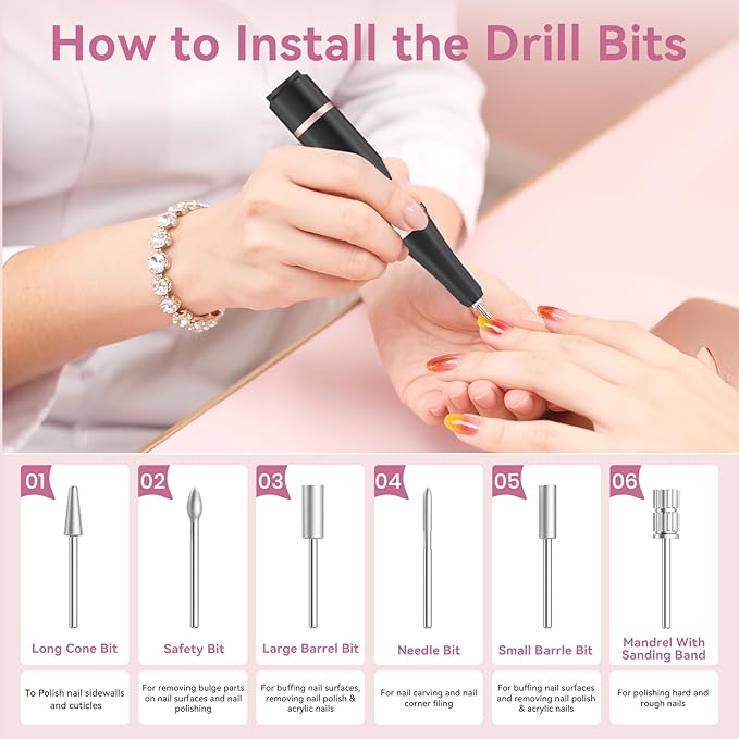 Professional Electric Nail Drill 45000RPM, Portable Nail File for Acrylic Gel Nails, Cordless Rechargeable Salon-Grade Ultra Power Nail Drill Kit for Shaping, Polishing & Removing Gel Nails,Black
