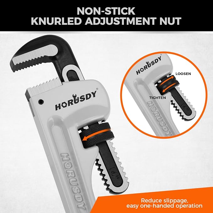 HORUSDY Pipe Wrench 14-Inch, Aluminum Heavy Duty Adjustable Straight Plumbing Pipe Wrench, 350mm, 1/2"–1-1/2" Capacity, Lightweight Gray Tool with Strong Grip for Pros, Maintenance & DIY