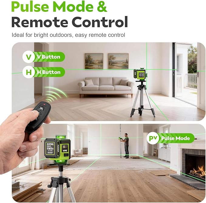 Alloyman Laser Level with Tripod, 4 × 360° Self Leveling Laser Level, Nivel Laser Green Line Lazer Leveler Tool for Picture Hanging, Home Renovation, Indoor Project, 2*Battery&Carrying Bag Included