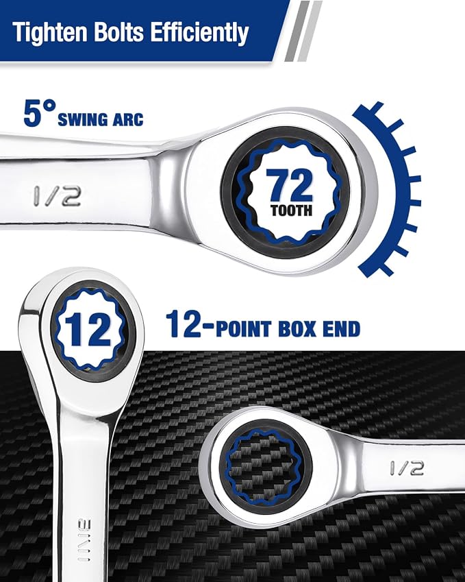 WORKPRO 1/2" Ratcheting Combination Wrench, Mirror Polish Chrome Plating (Pack of 2)