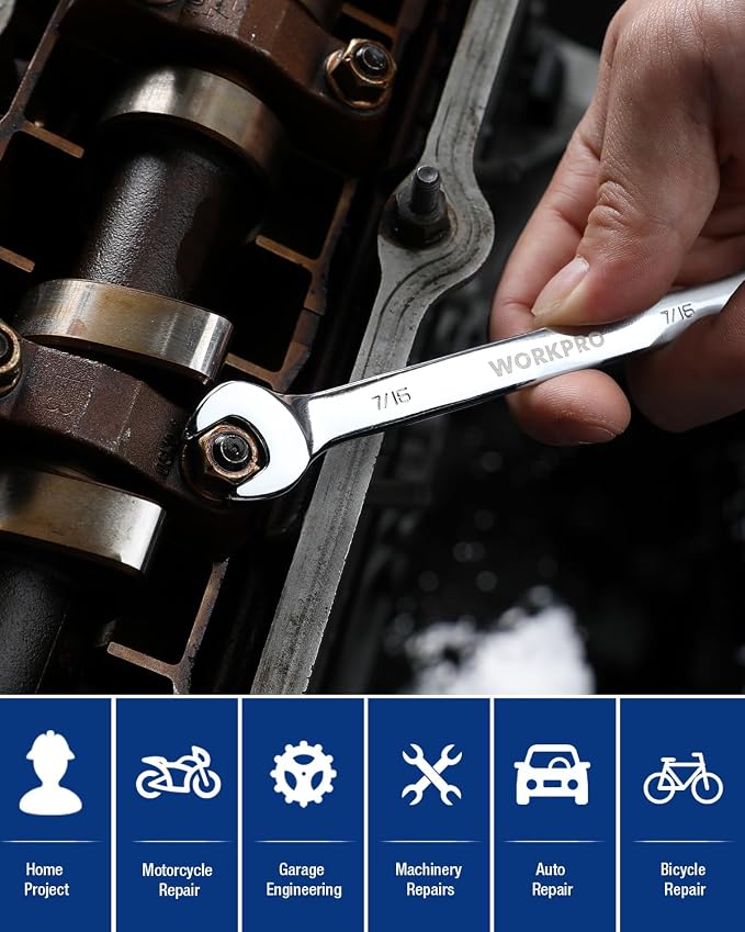 WORKPRO 7/16" Ratcheting Combination Wrench, Mirror Polish Chrome Plating (Pack of 2)