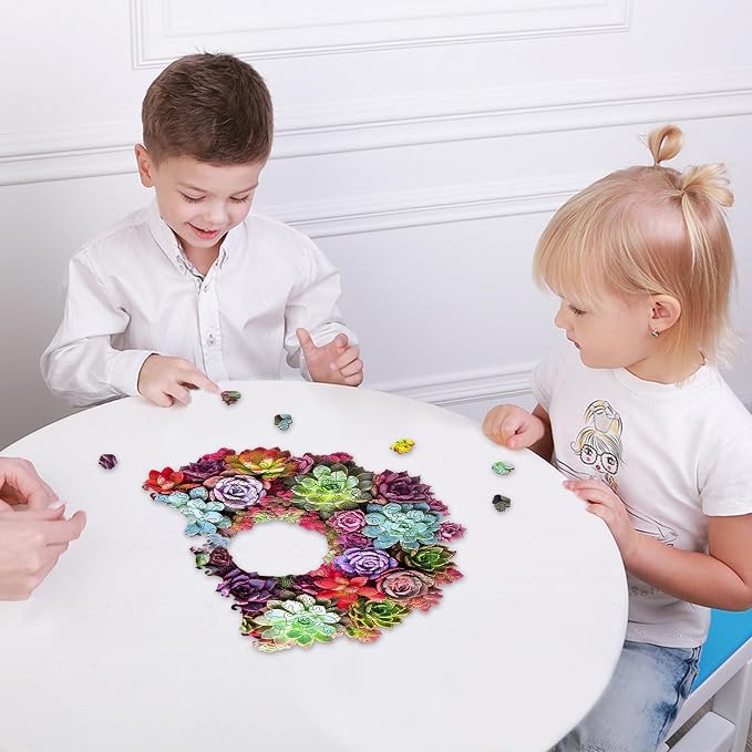 Delobil Succulent Garland Wooden Puzzles for Adults, 500 Pieces Mandala Jigsaw Puzzles, Unique Shaped Royal Size Wood Puzzle Gift for Kids, Family Game 17.6'' x 16.5''