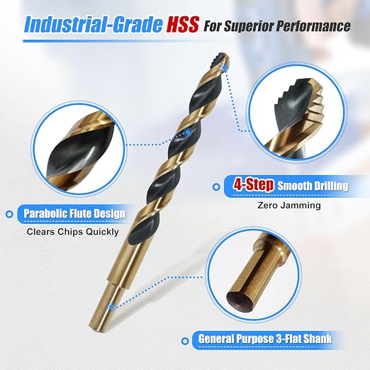 HIGHFIRE 29 Pieces HSS Stepped Point Drill Bit Set 1/16"-1/2", Gold and Black 3-Flat Shank for Metal, Steel & Acrylic - No Pilot Hole Needed - Industrial, MRO & DIY Use