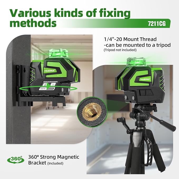 Huepar Self Leveling Laser Level Green Cross Line Laser with 2 Plumb Dots Laser Tool -360° Horizontal Line Plus 140° Vertical Level Laser with Up & Down Points - Rechargeable & Magnetic Bracket 7211CG