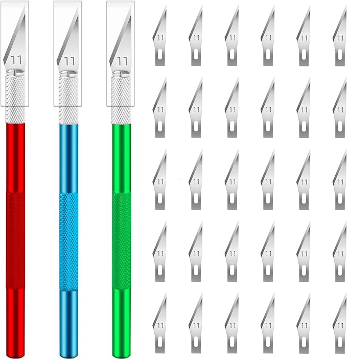 JETMORE Exacto Knife Set, 3 Exacto Knives with 30#11 Extra Exacto Knife Blades, Craft Knife, Hobby Knife, Precision Knife, Exacto Knife Set for Crafts, Arts, Modeling, Scrapbooking (Red-Green-Blue)