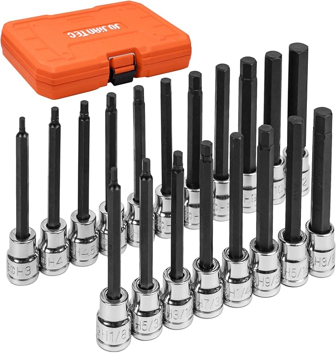 19-Piece 3/8" Drive Impact Hex Bit Socket Set | SAE/Metric, S2+CR-V, phosphate coated, long-reach, laser marked, case