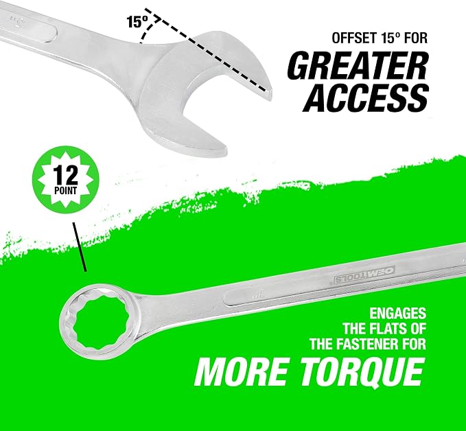 OEMTOOLS 22101 5 Piece SAE Jumbo Combination Wrench Set, Large Combination Wrench Set, SAE Sizes | Box End Metric Wrench Set, 15° Offset Wrenches, Chrome Plated Finish, Includes Canvas Wrench Roll, Drop-Forged Alloy Steel