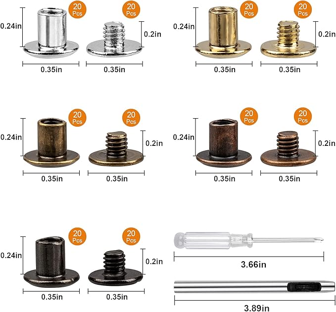 100 Sets Chicago Screws for Leather Crafting 7/20 Inch, 5 Colors of Rivets for Leather, Chicago Screws for DIY Leathercraft (Silver, Light Gold, Bronze, Antique Copper, GunMetel)