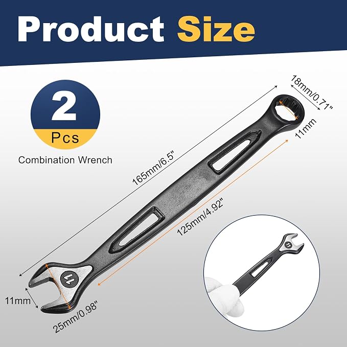 HARFINGTON 2pcs Combination Wrench 11mm Metric Extra Long 12-Point Box and Open End Carbon Steel Double Ended Industrial Grade Spanner for Automotive Furniture Machinery DIY Repair, Black