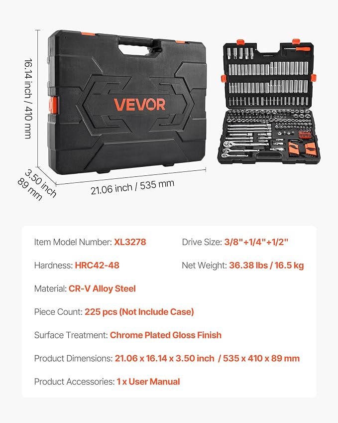 VEVOR Socket Set, 225 Pieces, 3/8 & 1/4 & 1/2 inch Drive Socket and Ratchet Set, SAE and Metric, Deep and Shallow, Mechanic Tool Kit with Bits, Accessories, Storage Case, CR-V Alloy Steel, for Repair | CR-V, SAE and Metric, Deep and Shallow, Car and Mo...