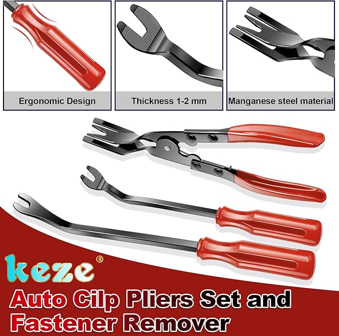 Keze 7 Pcs Auto Trim Removal Tool Kit for Car Panel Dashboard Door Clips and Upholstery with Plastic Pry Tool & Clip Pliers – No Scratch Design Professional Automotive Repair Tools Set, Red