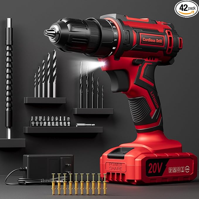 Cordless Drill Set, VIWKO 20V Power Drill with Power Pack 2.0Ah and Charger, 3/8-Inch Keyless Chuck Electric drill, 25+1 Position, 42pcs Drilldriver Bits/Screws for DIY Projects (Red)
