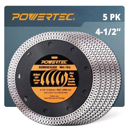 POWERTEC 4-1/2 Inch Diamond Saw Blades for Angle Grinder 5 Pack, Super Thin Turbo Mesh Rim for Cutting Porcelain, Granite & Ceramic Tile, 4.5" Diamond Blades (14000-P5)
