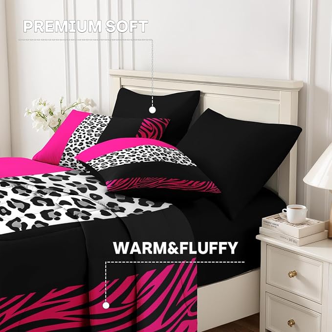 Nesker Comforter Set Queen Size, Leopard Color Block Pink 7 Pcs Bedding for Kids and Adults, Wild Zebra Print Bed Sheet Sets with Fitted Sheet 2 Pillowcases & 2 Shams