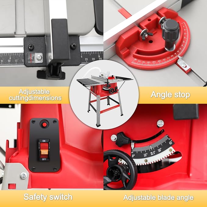 Table Saw with Stand 10-Inch, 15A 5000 RPM Portable Jobsite Table Saw, 0-45° Bevel & 90° Crosscut For 2-9/16" To 3-11/32" Max Cutting Depth, Angle Stop & Push Stick for Woodworking & DIY