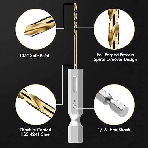 Drill Bit Set, 16Pcs 1/16" Titanium Twist Drill Bit for Sheet Metal, Wood, Plastic, Quick Change Design