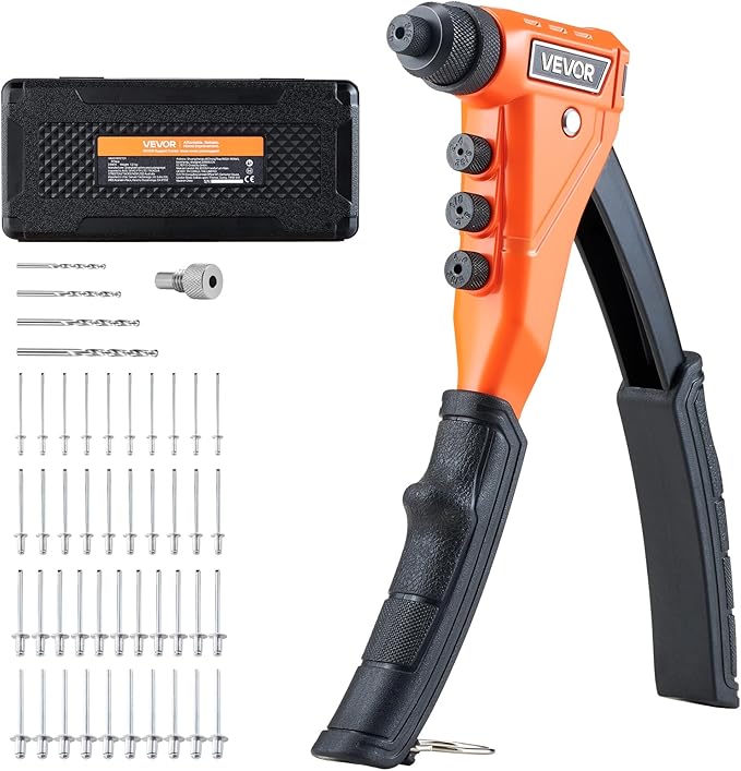 VEVOR Pop Rivet Gun Kit, with 200 Blind Rivets, Heavy Duty Single Hand Riveter with 4 Interchangeable Nosepieces, 4 Drill Bits, and a Carrying Case, Manual Riveting Tool for Metal, Automotive, Home