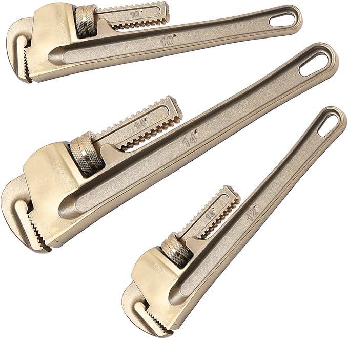 WEDO Non-Sparking Pipe Wrench Set,10" 12" 14",3PCS Spark-Free Straight Plumbing Wrench Set, No Spark Safety Adjustable Spanner, Aluminum Bronze,Corrosion Resistant,DIN/BAM/FM Standard