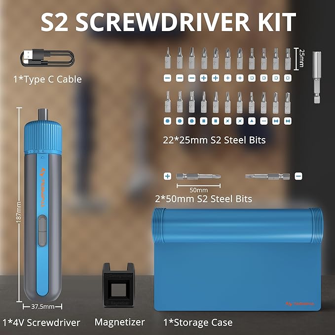 Tilswall 4V Electric Screwdriver Cordless, 10N.m High Torque /260 RPM, Cordless Screwdriver with 4-Level Control, 2200mAh USB-C Fast Charging, 25pc S2 Steel Bits for DIY and Home Repairs (Blue) -W122