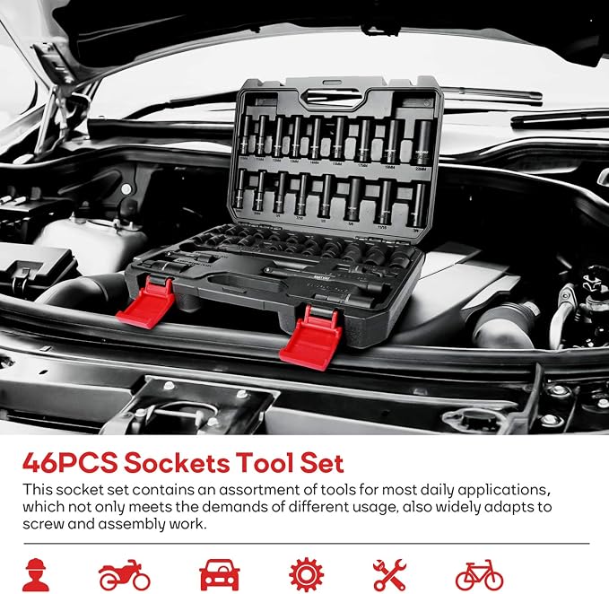 Eastvolt 46 Pieces Drive Socket Ratchet Wrench Set, Mechanic Tool Kits with 72 Teeth Reversible Ratchet, Extension Bar Set and Storage Case, Metric/SAE