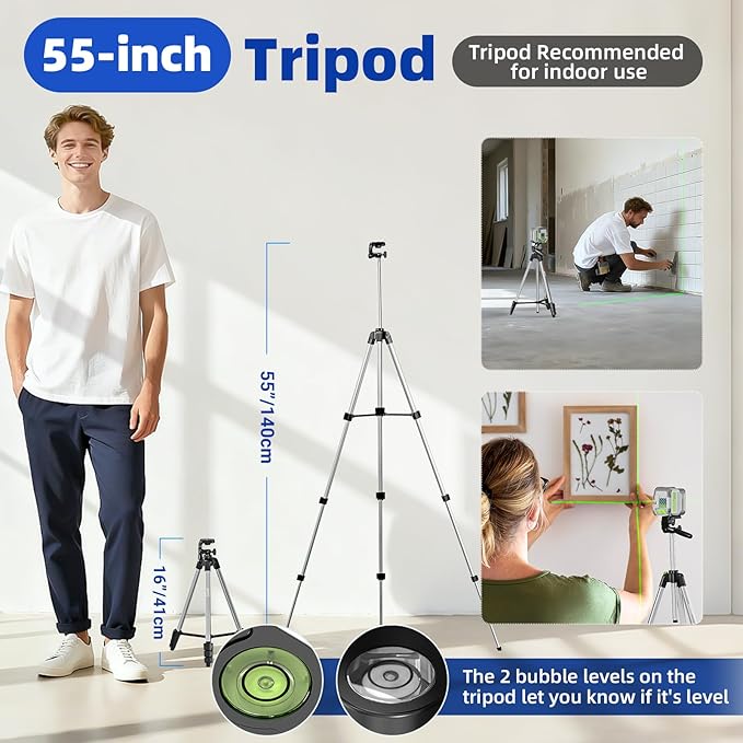 Huepar Pro Laser Level with 55in Tripod, 150Ft Self Leveling Lazer Leveler Tool with Pulse Mode (200Ft), Rechargeable, Switchable Green Cross Lines for Picture Hanging, Tile, DIY/Construction Project