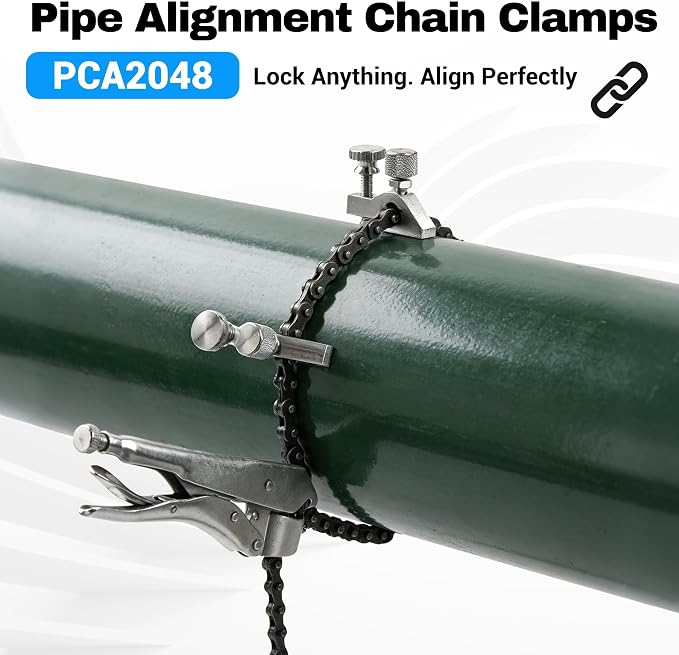 PCA2048 Heavy Duty Pipe Alignment Chain Pliers – 14" Max Diameter, Replaceable Nickel Plated 48" Chain, Adjustable Stainless Steel Contacts