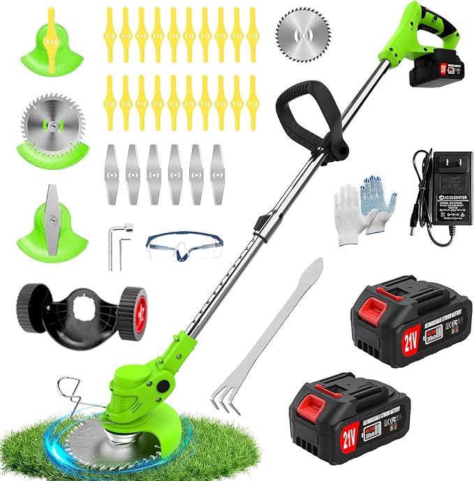 Electric Weed Wacker Eater Cordless Weed Trimmer with Wheels and 2 Pcs 21V/2000mAh Batteries, 3 in 1 Grass Trimmer/Brush Cutter/Lawn Edger with 27 Pcs Replacement Blades for Lawn Garden and Yard