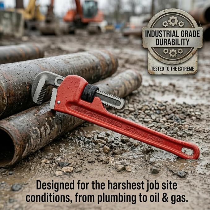 Heavy Duty Pipe Wrench, 18 Inch Adjustable Straight Plumbing Wrench, Hardened Steel Jaws with Professional Cast Iron Handle for Industrial, Construction, and Home Maintenance E-2049