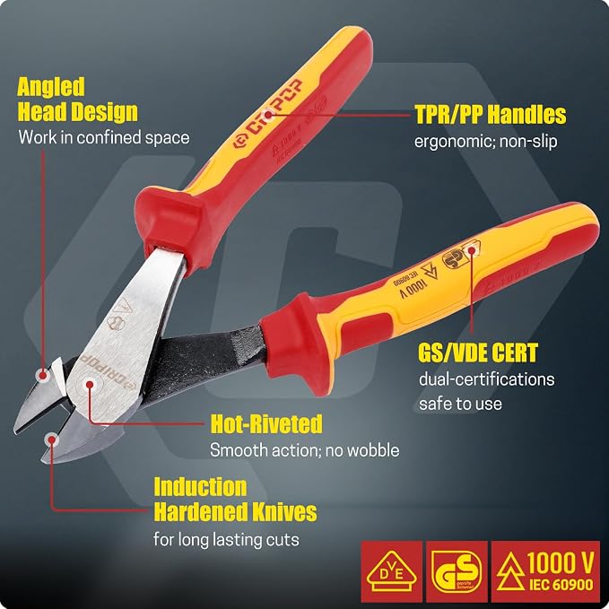 8 Inch Insulated Diagonal Cutters with Storage Case, 1000V Insulated High Leverage Wire Cutters, Heavy Duty Electrician Pliers for Electrical Cutting