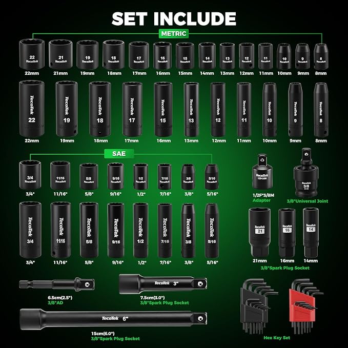 TecoTek 71PCS 3/8 Inch Drive 12 Point Socket Set, SAE(5/16-3/4in) and Metric(8-22mm), Deep & Shallow, CR-V with Drill Socket Adapter & Extension Bar 3/8 in, Hex Key Set