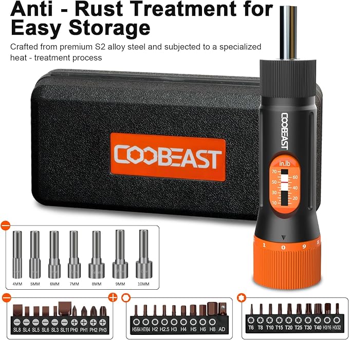 coobeast Torque Screwdriver 38Pcs, Gifts for Men Torque Wrench with Inch/Pounds Torque Range 10-70 In-lb, S2 Bits, Sockets and Storage Case for Maintenance, Tools, Bike Repairing and Mounting