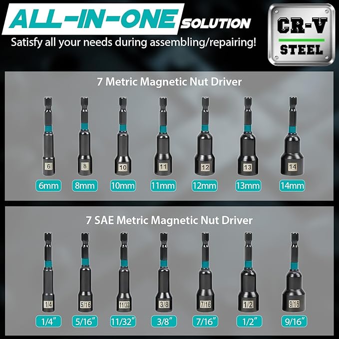 21-Piece Magnetic Nut Driver Set, Impact Drill Driver Bits with 1/4" Hex Shank, SAE & Metric Cr-V Steel Impact Nut Drivers, Quick-Release Bit Holder, and Storage Bag