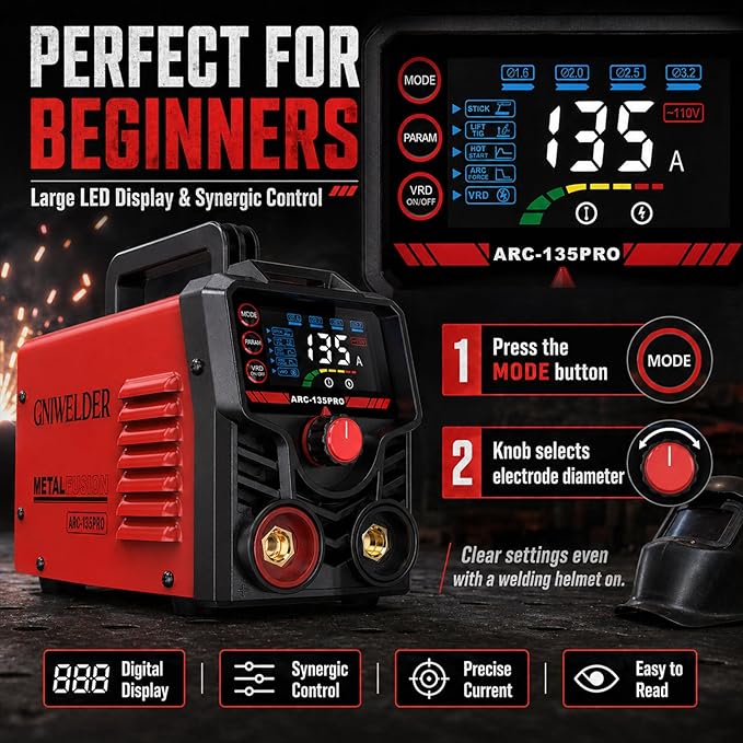135A Mini Stick Welder 110V – Portable Arc Welder for Home DIY & Household Repairs, Weld 1/16″ to 1/8″ Steel, Easy Arc Start & Anti-Stick for Beginner, Includes Gloves & 20 Rods,4.4 lbs IGBT inverter