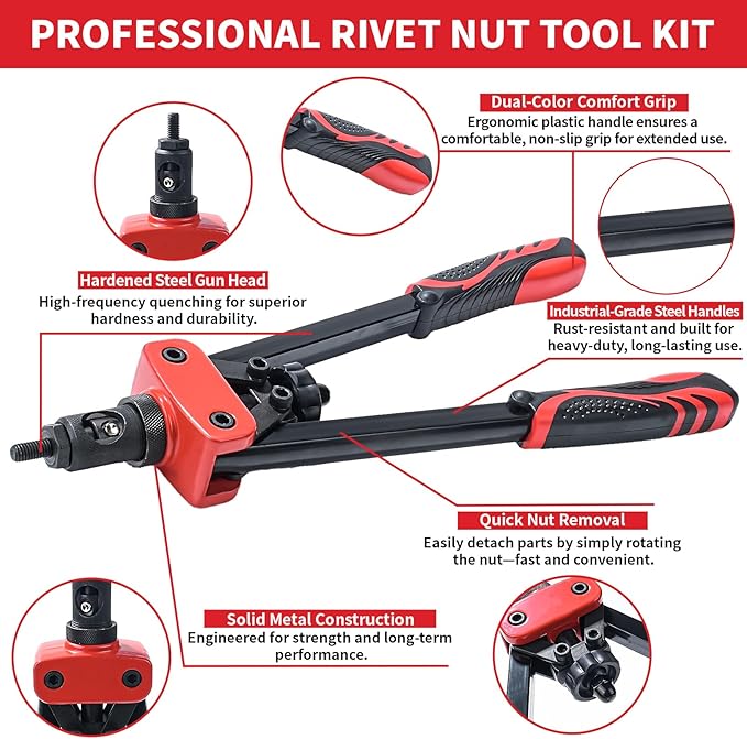 14" Rivet Nut Tool Kit, Professional Rivnut Tool Gun with 6 Metric Mandrels, 50pcs Rivnuts, Heavy-Duty Hand Riveter Set for Automotive & Sheet Metal, with Rugged Storage Case