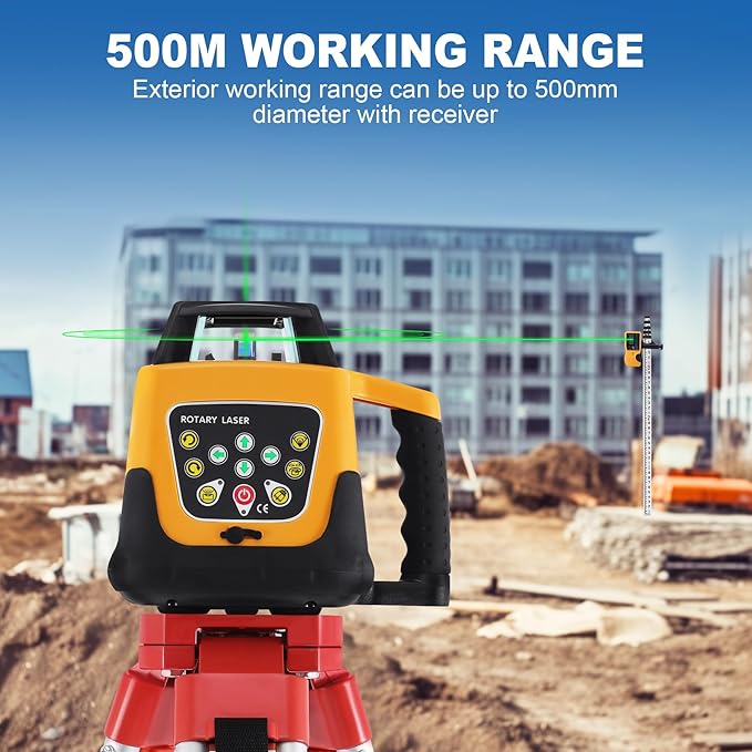 Rotary Laser Level Kit, 360 Degree Automatic Self Leveling Green Beam Horizontal Laser Transit, with Aluminum Tripod & Grade Rod, 500m Working Range for Construction, Building, Surveying