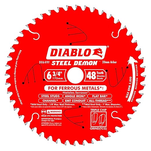 Diablo Steel Demon Saw Blade for Medium Metal - 6-3/4" Diameter, 48 TCG Teeth, 20mm Arbor, .071" Kerf, 2° Hook Angle, .051" Plate, 11000 Max RPM - D0649F