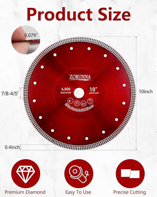ZORUNNA Diamond Tile Saw Blades,Super Thin 10" Tile Cutting Cutter Blade for Chip-Free Cutting Porcelain Ceramic Granite Marble.