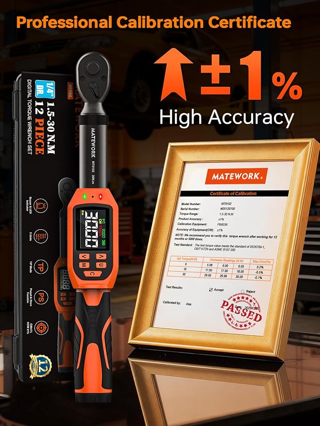 Matework 1/4 Torque Wrench Digital, (13.5-265 In-Lb/1.5-30 Nm), 12Pcs Inch Pound Digital Torque Wrench Set with Buzzer & LED Indicator, ±1% Accuracy, Sockets & Adapters for for Bike Moto Gunsmithing