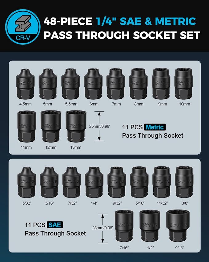 48 Pcs 1/4" Pass-Through Socket Set, SAE/Metric Go-Thru Ratchet Kit | Hollow SAE/metric mini sockets clear long threaded rods; include a 72-tooth ratchet, extension bar, 21 bits and 1/4" adapters