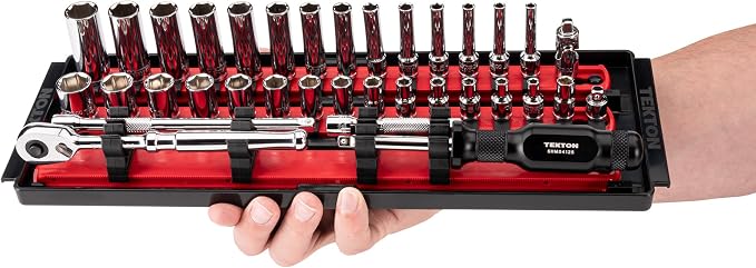 TEKTON 1/4 Inch Drive 6-Point Socket and Ratchet Set with Rails and Tray, 35-Piece (4-15 mm) | SKT03201