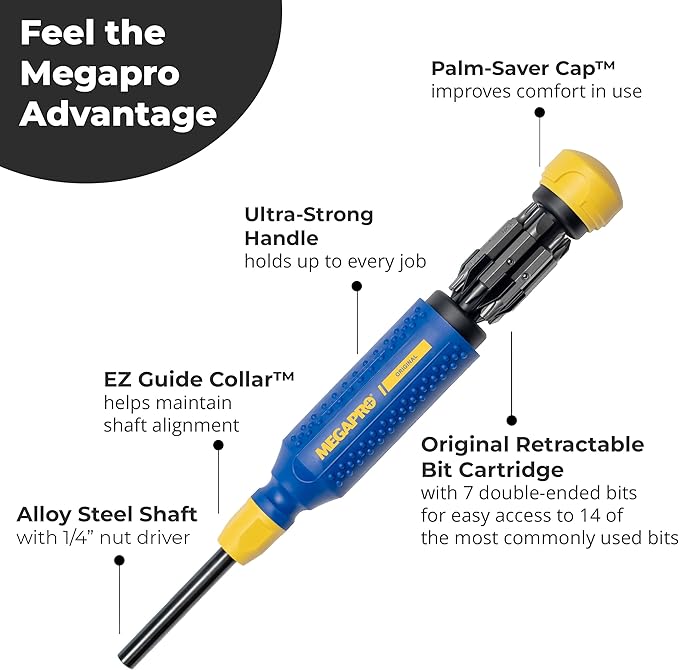 MEGAPRO® 15-in-1 Original Multi-bit Screwdriver | Home DIY & Repair | Construction | Tradeswork | 14 Industrial-grade bit tips | 1/4" Hex Drive in shaft (The Original)