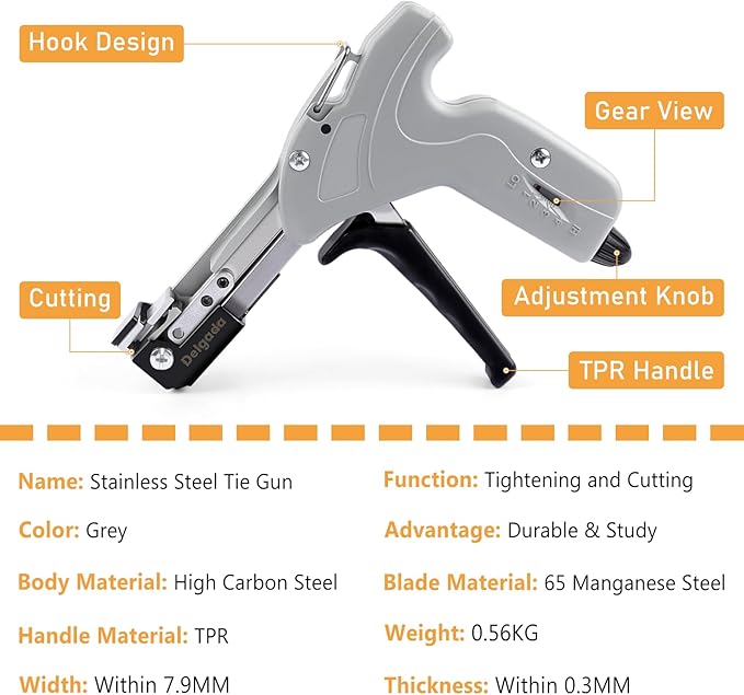 Delgada Stainless Steel Cable Tie Gun Kit with 100PCS Self-Locking Metal Zip Ties Outdoor Heavy Duty Fastening Zip Tie Tightening Tool for Chain Link Fence Pipes