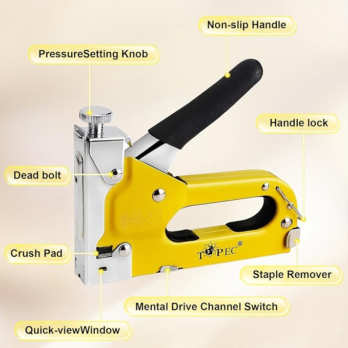 Topec Upholstery Staple Gun Heavy Duty, 3-in-1 Stapler Gun with 600 Staples, Manual Brad Nailer Power Adjustment Wood Stapler for Crafts, Wall, Upholstering, Furniture, DIY