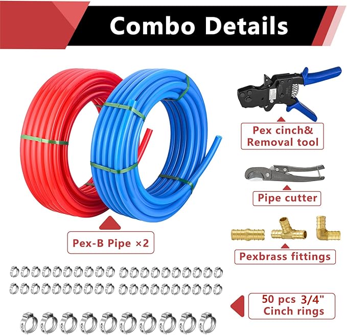 (Pipe&Combo Kit) EFIELD 3/4" 2 x100 ft Pex-B Pipe 200 ft, Brass Fittings, Ratchet Crimping Tool, Cinch Clamps, Cutter Combo Kit (All in One)