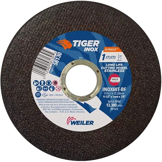 Weiler 58130 4-1/2 Inch Cutting Wheel, Tiger INOX Stainless Steel Ultracut 1 mm Contaminant-Free High Performance Thin Cutting, 1mm INOX60T Type 1 7/8" Arbor, Pack of 50