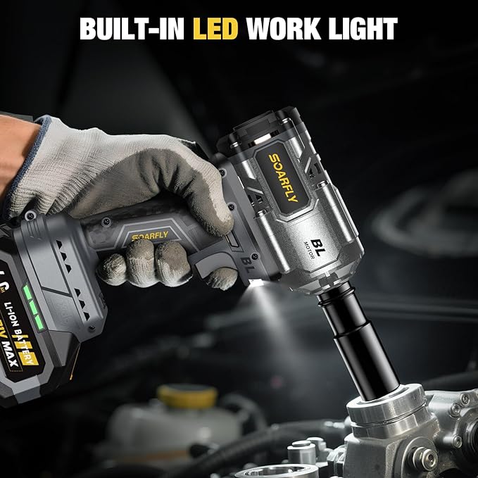 SOARFLY Upgraded Cordless Impact Wrench 1/2", 900 Ft-lbs (1200 Nm) Brushless Impact Gun, 21V High Torque Impact Driver with 2x 4.0Ah Batteries, Variable Speed for Car, Truck, Workshop, Heavy-Duty Jobs