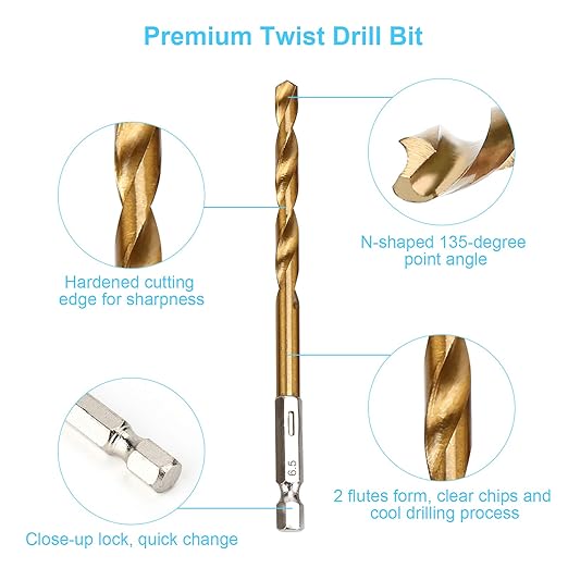 YXYL 19-Piece Hex Drill Bit Set, Titanium & HSS High-Speed Steel Hex Shank Quick-Change Twist Drill Bits for Wood (1/16"-1/4")