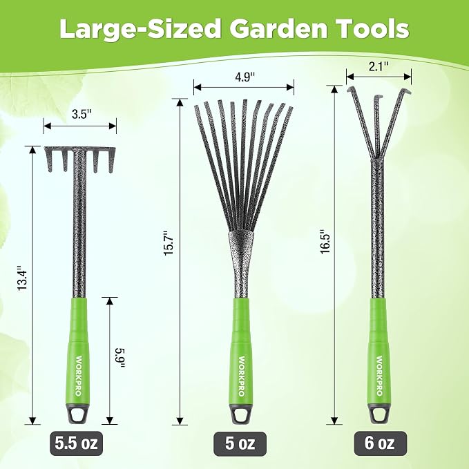 WORKPRO 6-Piece Garden Tool Set, Heavy Duty Gardening Hand Tools with Soft Rubber Handle, Including Trowel, Rakes, 2-in-1 Hoe and Crack Weeder, Ideal Gardening Gifts for Men and Women