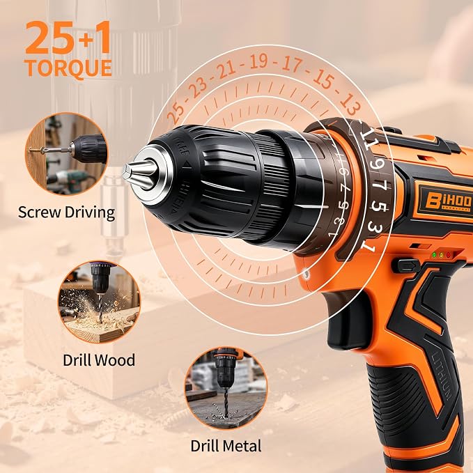 20v Drill Driver Set,Cordless Drill with Battery and Charger,LED Tools Kit,25+1 Torque Setting,43pcs Drill Bits,Orange